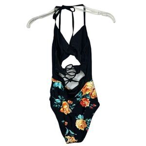 Cupshe One Piece Black Floral Swimsuit. Size L. NWT